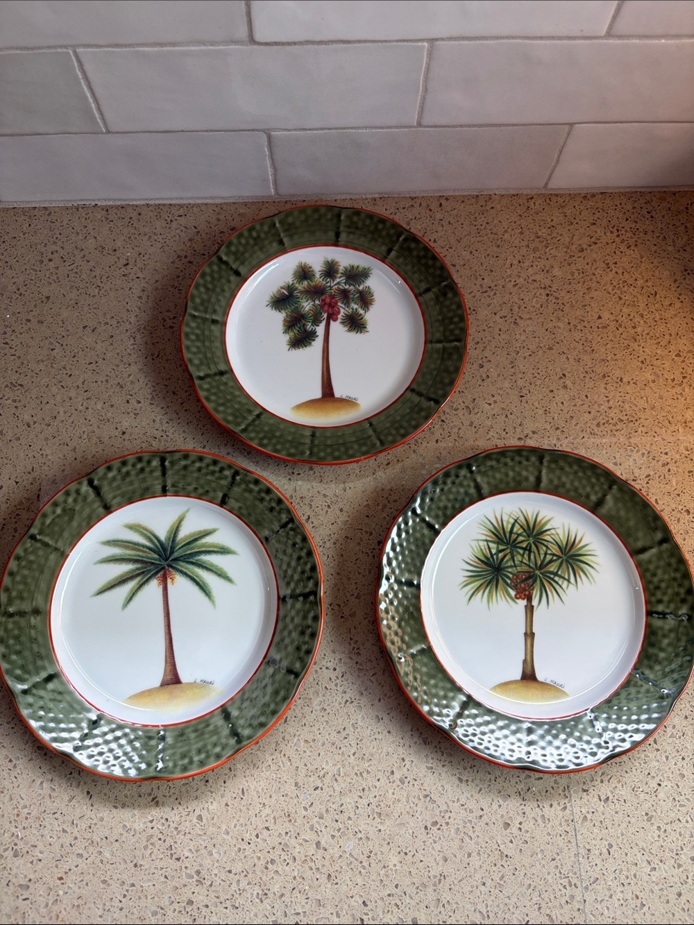 I. Godinger de Limoges Green and Orange Palm Tree Plates - Set of 3